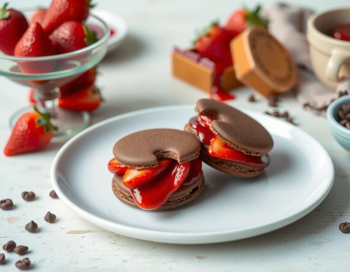 Chocolate Ganache Macarons with Strawberry Confit